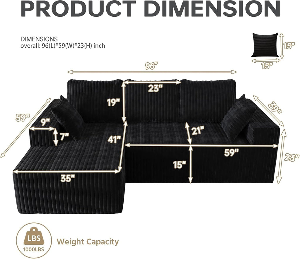 96' Modular Sectional Cloud Couch for Living Room Deep Seat L Shapes Boneless Couch with Oversized Chaise Lounge, Comfy Memory Foam Flannel Fabric Sofa for Bedroom Apartment, No Assembly Required