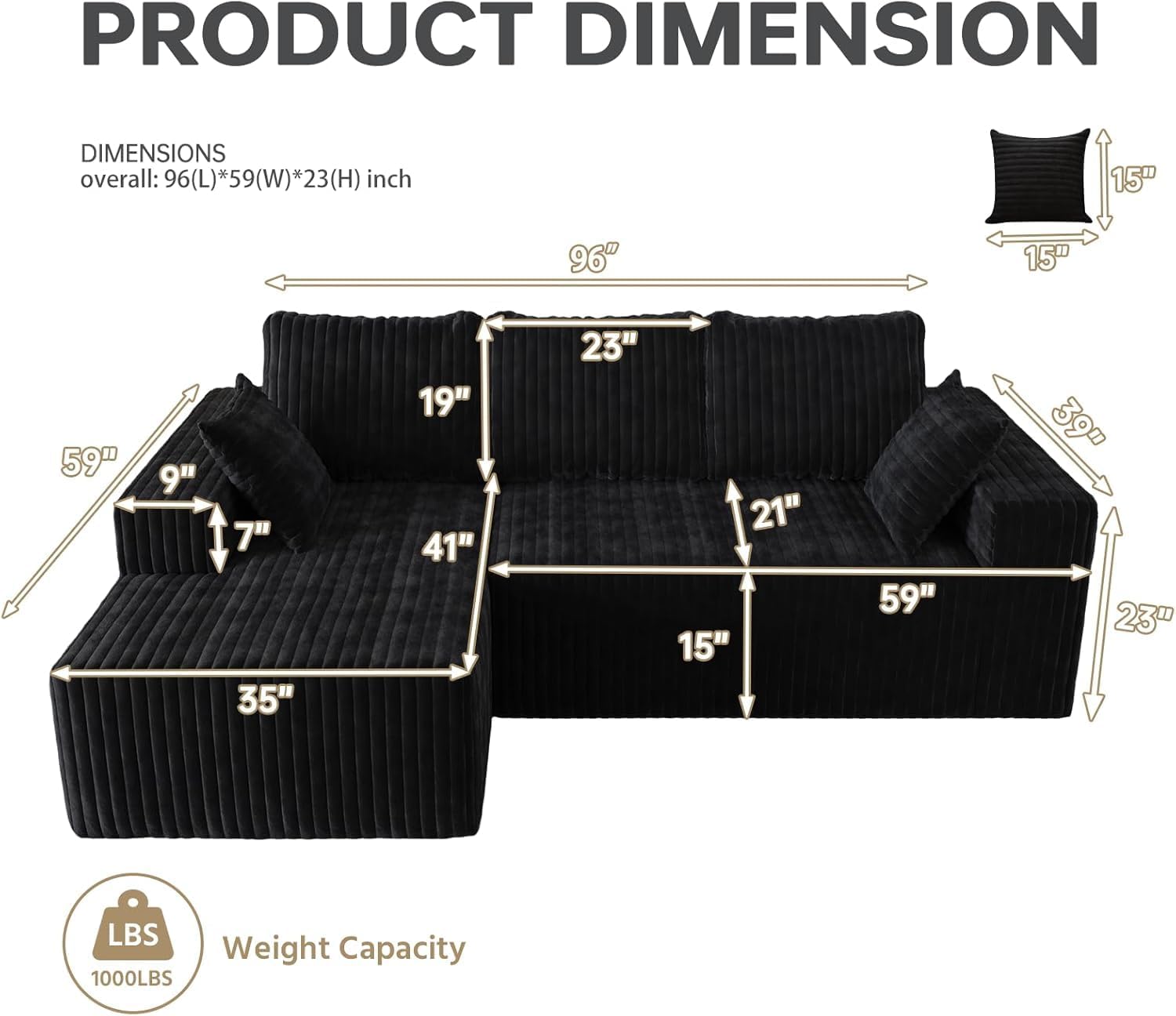 96' Modular Sectional Cloud Couch for Living Room Deep Seat L Shapes Boneless Couch with Oversized Chaise Lounge, Comfy Memory Foam Flannel Fabric Sofa for Bedroom Apartment, No Assembly Required
