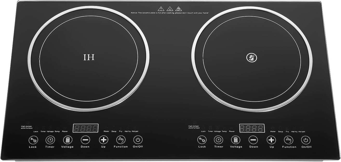 Built in Electric Stove Top,Induction Cooktop,Portable 1200W Induction Cooker 2 Burner Independent Touch Control,Ceramic Electric Stove with 8 Temperature,Power Level (2 Burners,1200W)