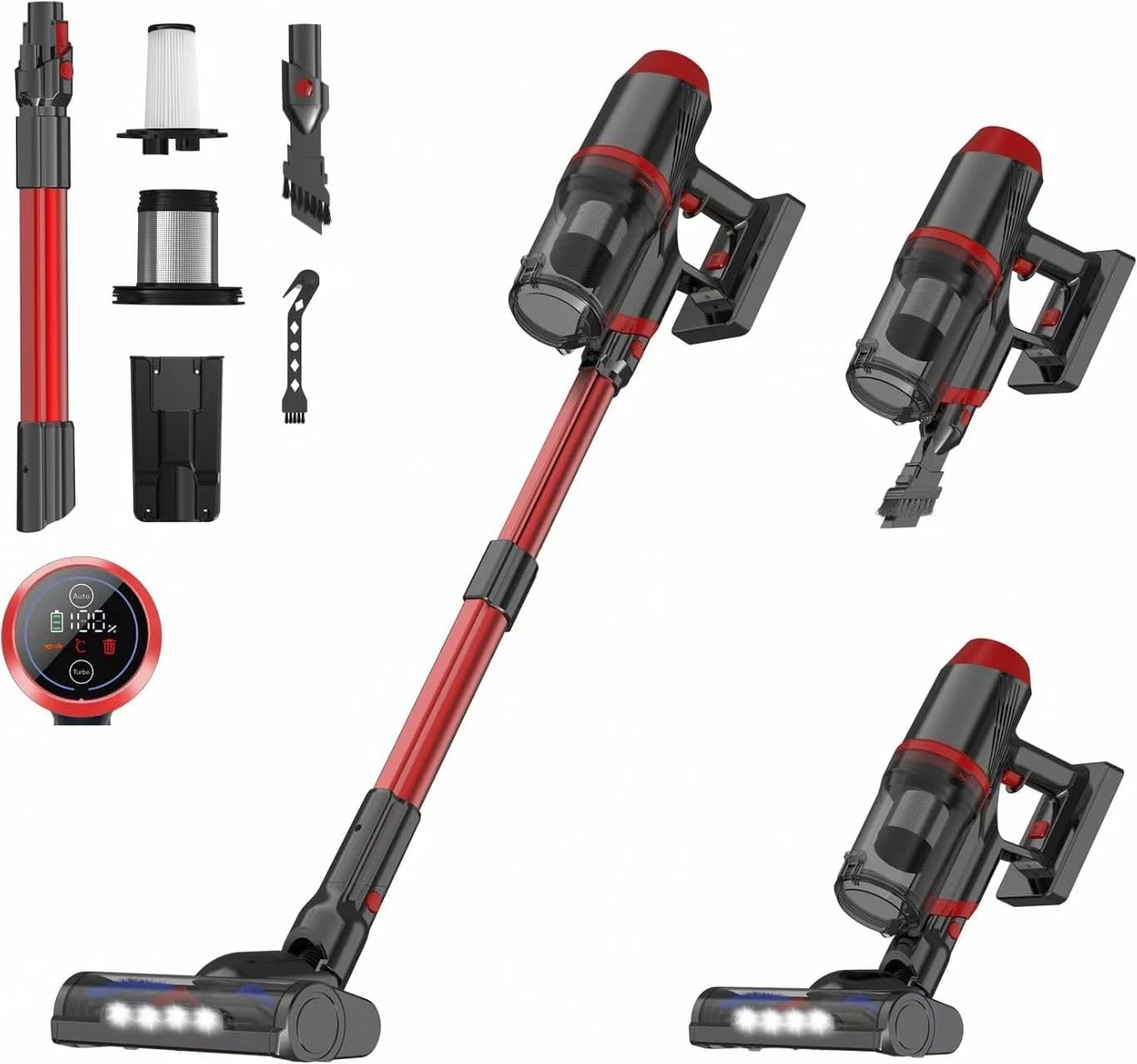 Cordless Vacuum Cleaner, 200W 45Mins Lightweight Stick Vacuum Cleaners for Home, Anti-Tangle Brush & LED Touch Screen, 1L Dust Cup, Wall Mount Dock, Bright Light for Hardwood, Pet Hair, Carpet, Office