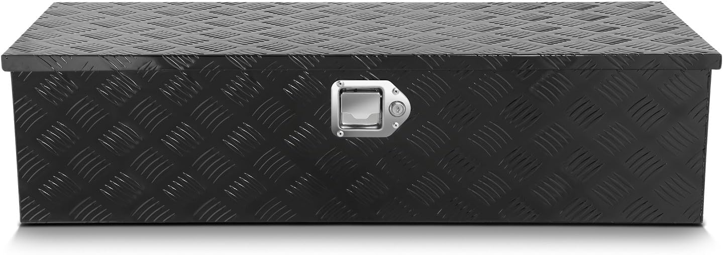 DNA MOTORING Aluminum Lockable Storage Box, Trailer Tongue & Truck Bed Tool Box w/Keys & Side Handle, Black Organizer w/Diamond Tread Pattern, 39'L x 13.3'W x 10'H, TBOX-T5-004-BK
