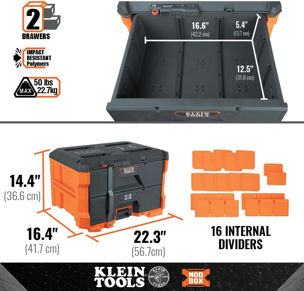 Klein Tools 54822MB MODbox 2-Drawer Tool Box, Double Drawer Tool Organizer, Stackable Module, 50-Pound Capacity