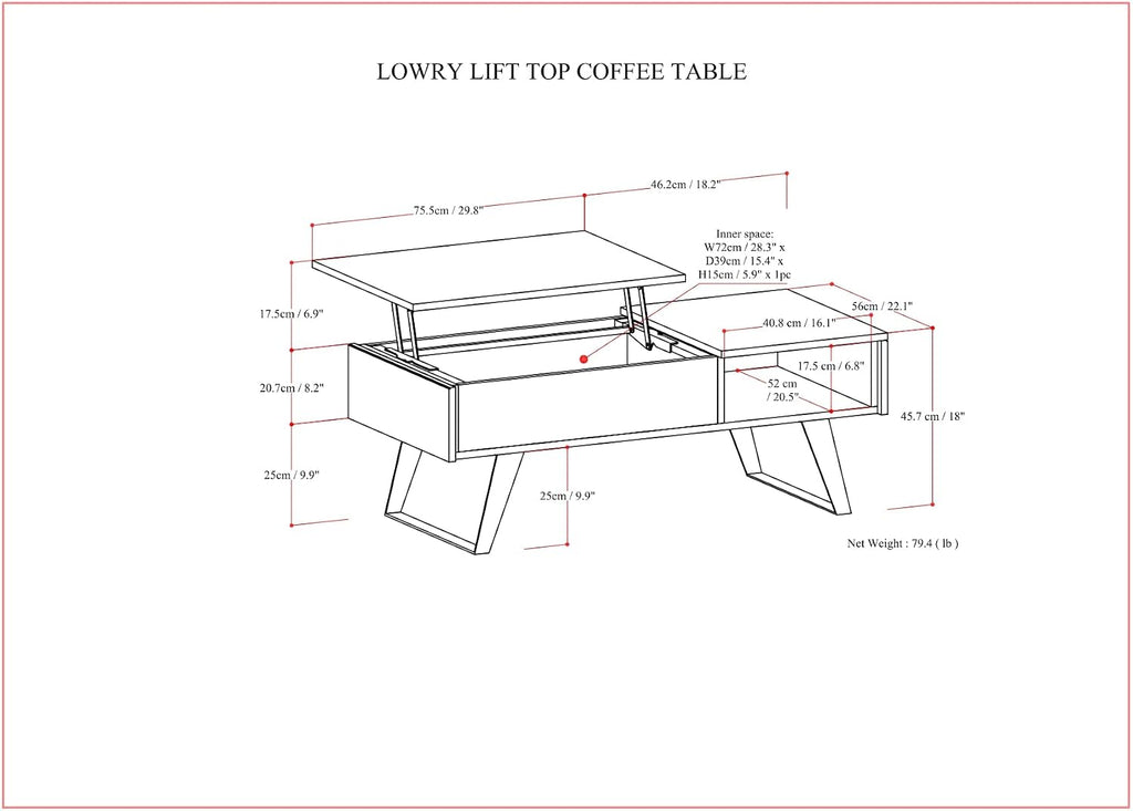 SIMPLIHOME Lowry Lift Top Coffee Table - 48 inch Wide Solid Acacia Wood and Metal Living Room Table in Distressed Charcoal Brown, Modern Industrial Cocktail Table with Hidden Storage and Open Shelf