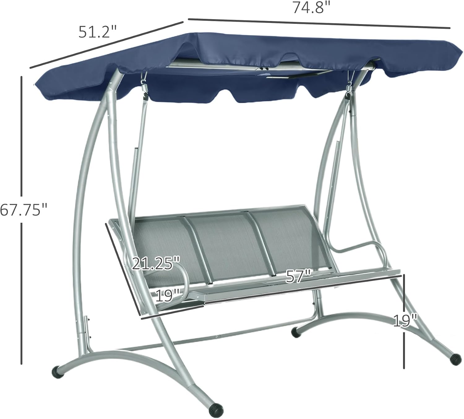 Outsunny 3-Seat Outdoor Porch Swing Chair, Patio Swing Glider with Adjustable Canopy, Breathable Seat, and Steel Frame for Garden, Poolside, Backyard, Blue