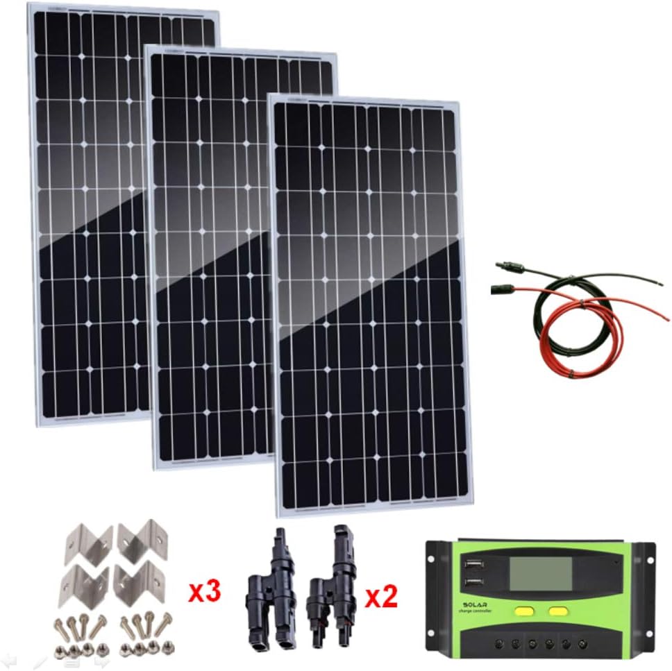 300 Watts monocystalline Solar Panel Kit + 30A LCD Solar Panel Controller + 5M Solar Cable + Y Connectors +mounting Brackets for RV, Camping, Caravans, Boat, 12V/24V Battery Charging