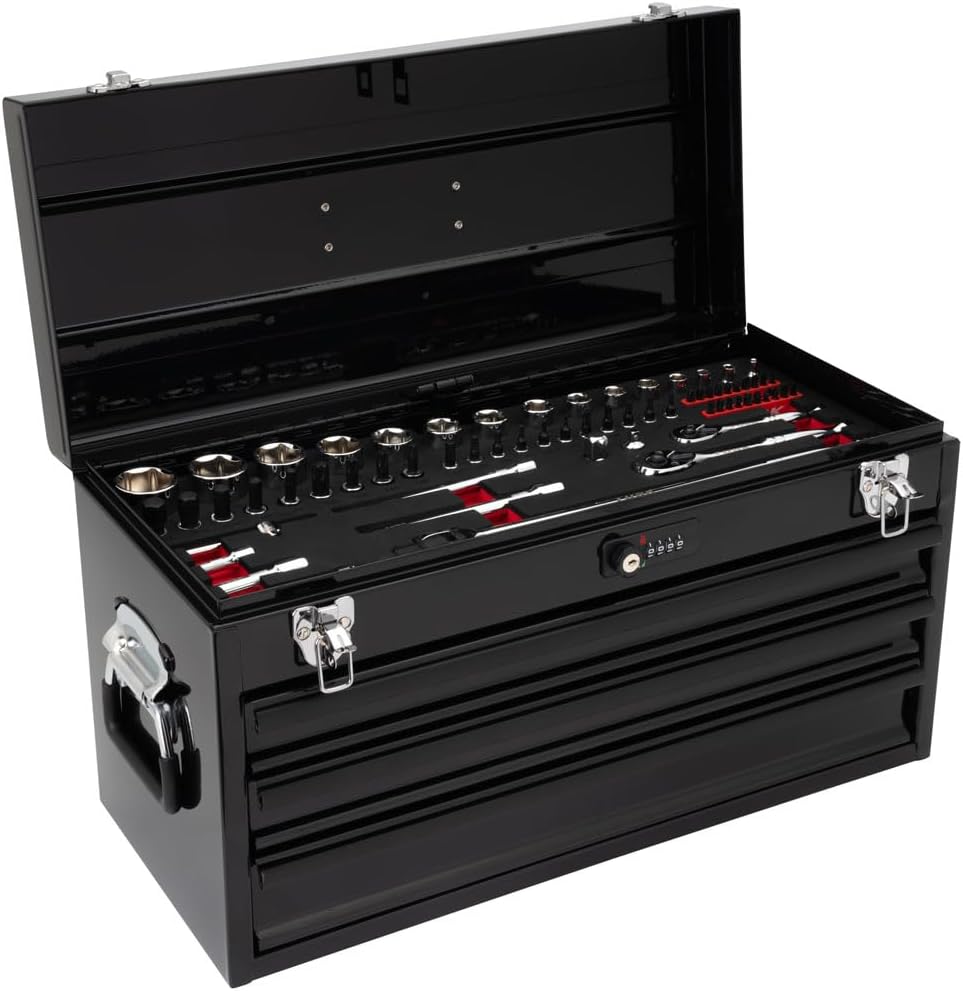 TUSK Tool Box with Tools EVA Foam Cut Outs and 129-Piece Tool Set 3-Drawer Portable Moto Box