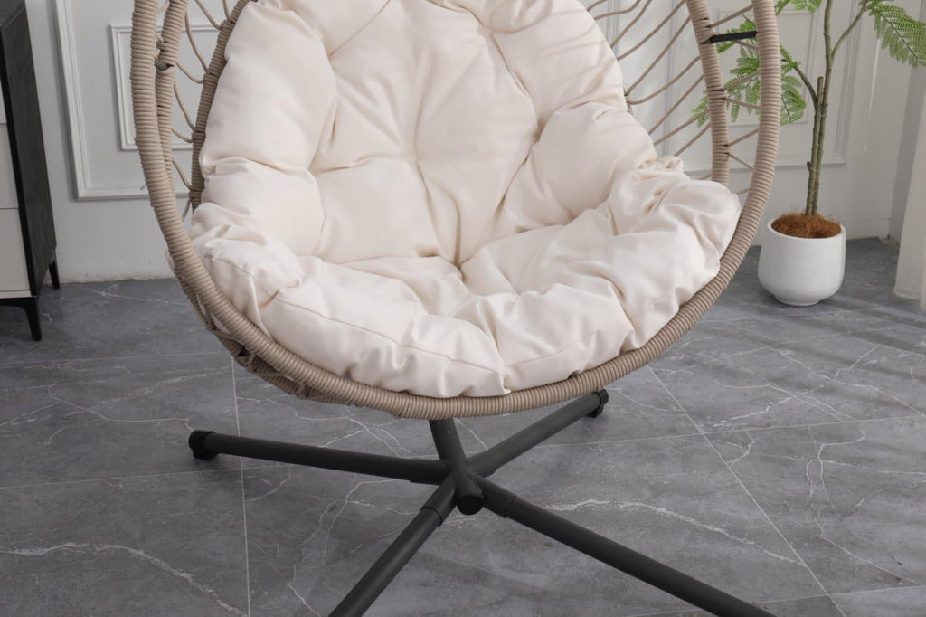 Outdoor Egg-Shaped Hanging Chairs with Stand, 350LBS Capacity Hammock Swing Chair for Patio Garden Balcony Bedroom, Foldable Rocking Chair with Removable Cushion(Beige Gray+White)