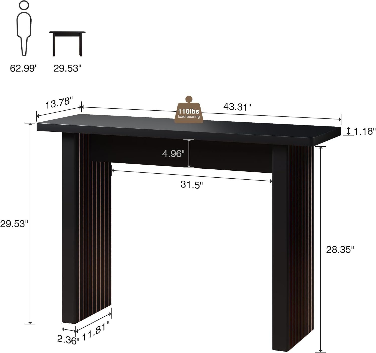AVZEAR Mid Century Narrow Entryway Console Table, 43.3' Fluted Wood Couch Table Behind Sofa Long and Skinny for Living Room Hallway Entrance Foyer, Black
