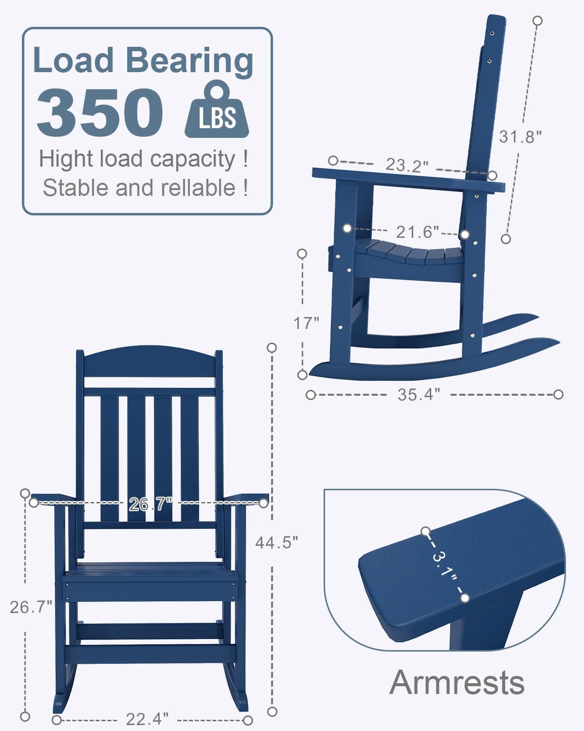 NAVINE Outdoor Rocking Chairs, Oversized High Back Patio Rocking Chairs, All Weather Porch Rocking Chairs for Outside. Navy Blue
