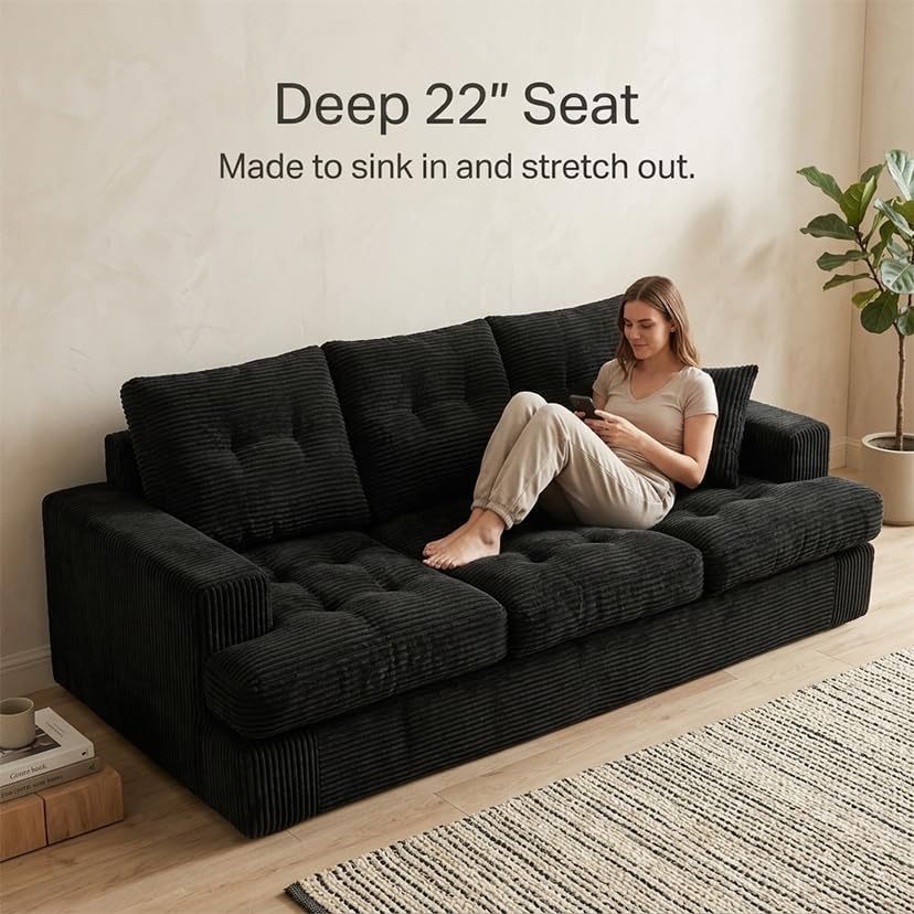 85' Corduroy 3 Seater Sofa in a Box, High-Density Foam Couch, No Assembly Compressed Deep Seat Sofa for Living Room, Bedroom, Apartment, Black | No Assembly Required, Soft Corduroy, HD Foam Comfort, Deep Seat Comfort, Sofa in a Box Setup