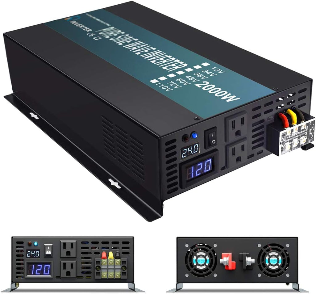 WZRELB 2000W High Frequency LED Display Power Generator True Pure Sine Wave Solar Power Inverter Off Grid DC to AC 24V 120V Converter(Black)