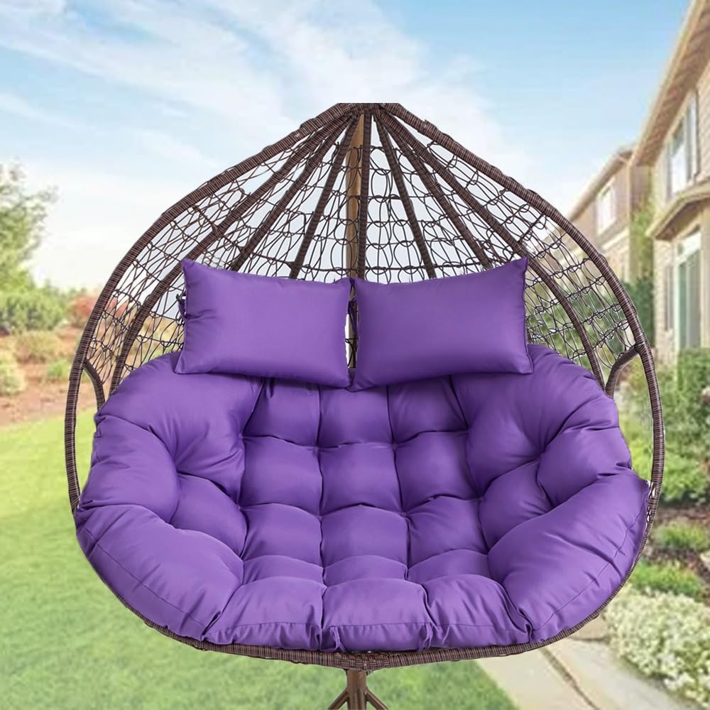 Oversized Double Papasan Chair Cushion 59 x 39 Inch (Without Chair), Outdoor Waterproof Hanging Swing Chair Cushion, Patio Swivel Rocker Chair Cushion with Headrest Pillow(Purple)