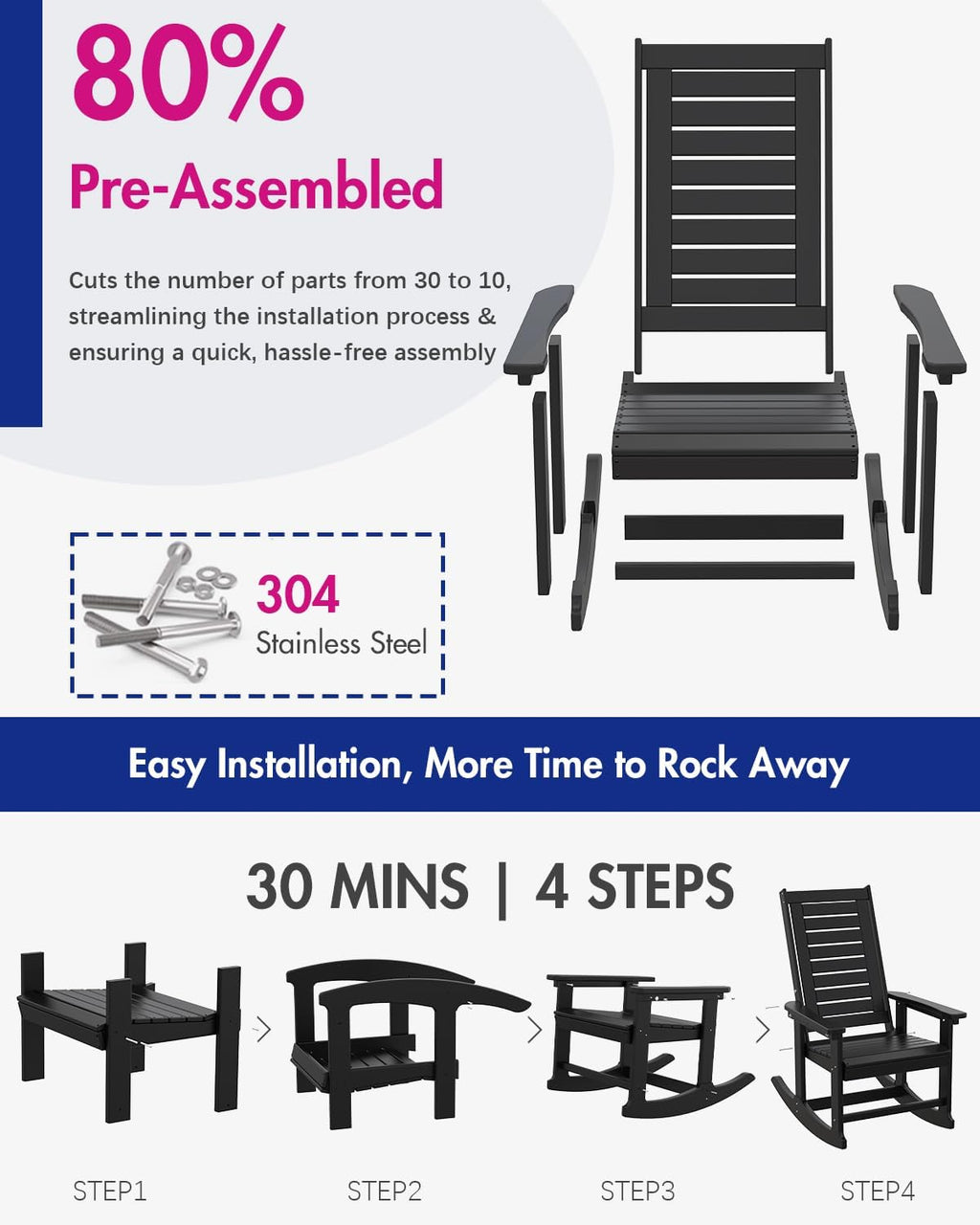 BRIOPAWS Outdoor Rocking Chairs | Set of 2 | Porch Rockers | HDPE Plastic| Black | Oversized | Patio Rocker Chair | High Back | for Big Man | Weather Resistant | for Outside Deck Balcony Backyard