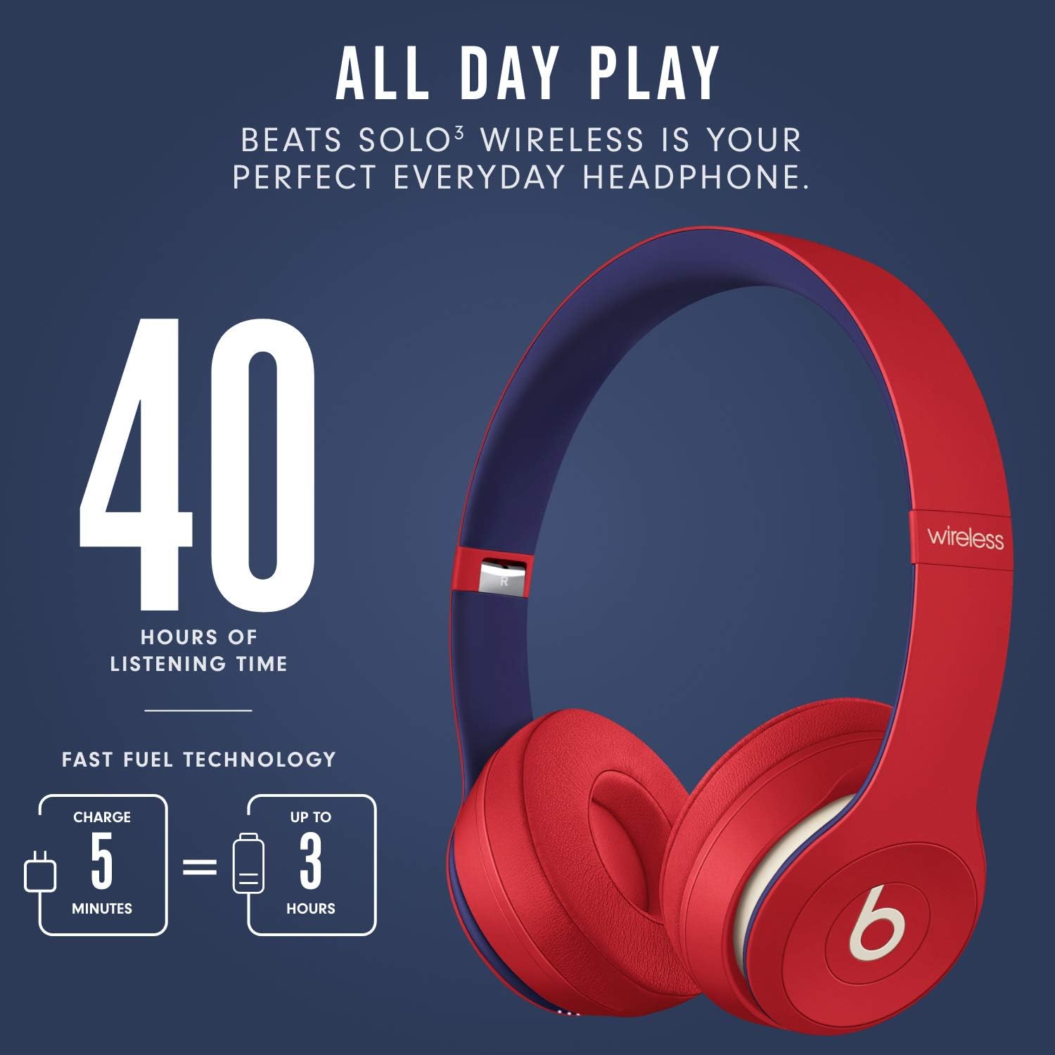 Beats Solo3 Wireless On-Ear Headphones - Apple W1 Headphone Chip, Class 1 Bluetooth, 40 Hours of Listening Time, Built-in Microphone - Club Red (Latest Model)