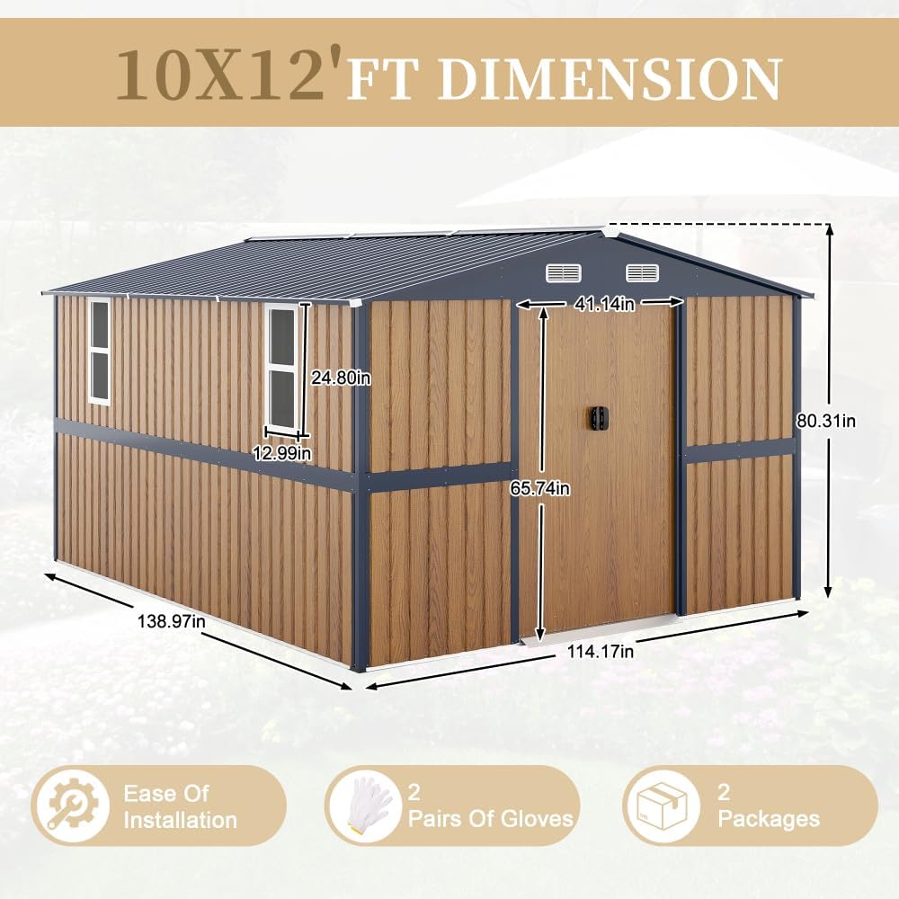 10x12FT Metal Storage Shed - Yellow Outdoor Shed with Lockable Doors & Windows, Extra Large Garden Shed for Backyard/Patio, Sheds & Outdoor Storage Ideal for Tools/Chicken Coops