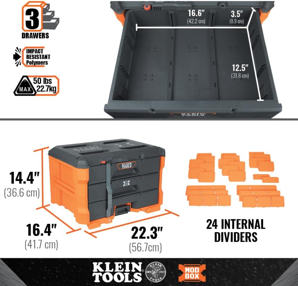 Klein Tools 54823MB MODbox 3-Drawer Tool Box Organizer, Heavy-Duty Tool Storage, Stackable Module, 50-Pound Capacity