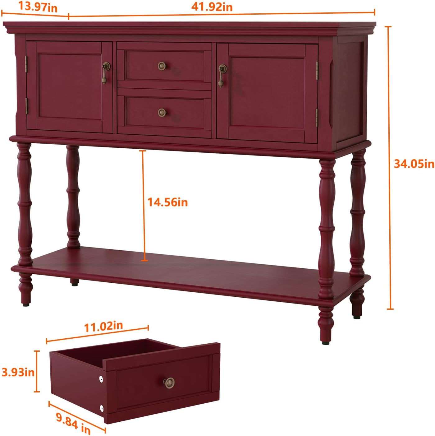 ARTPOWER Console Table with 2 Drawers, Retro Entryway Table with 2 Door Cabinets and Open Storage Shelf, Narrow Long Behind Couch Sofa Table for Living Room, Foyer, Hallway, Red