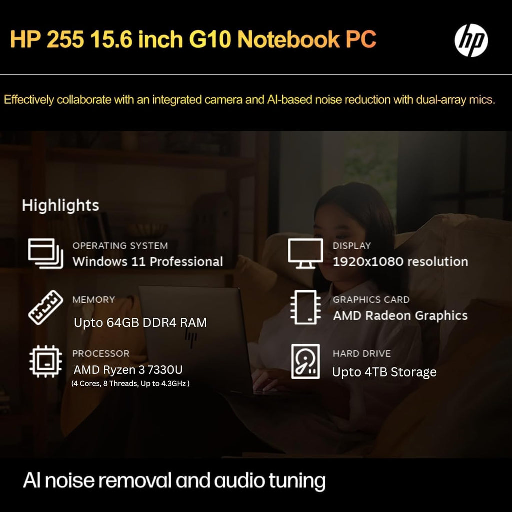 HP 255 G10 Laptop for Home or Work, 64GB RAM, 1TB SSD, 15.6' Full HD, Ryzen 3 7330U (Beat Intel i5-1135G7), HDMI, USB-C, Windows 11 Pro, Business and Fun Ready