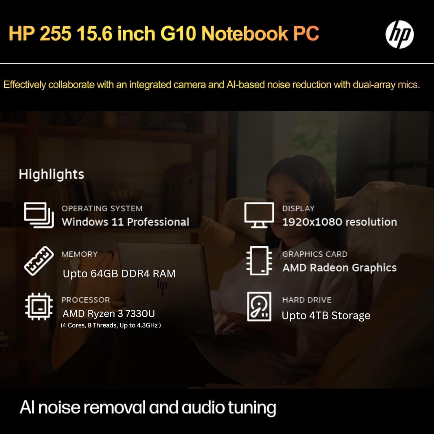 HP 255 G10 Laptop for Home or Work, 64GB RAM, 1TB SSD, 15.6' Full HD, Ryzen 3 7330U (Beat Intel i5-1135G7), HDMI, USB-C, Windows 11 Pro, Business and Fun Ready