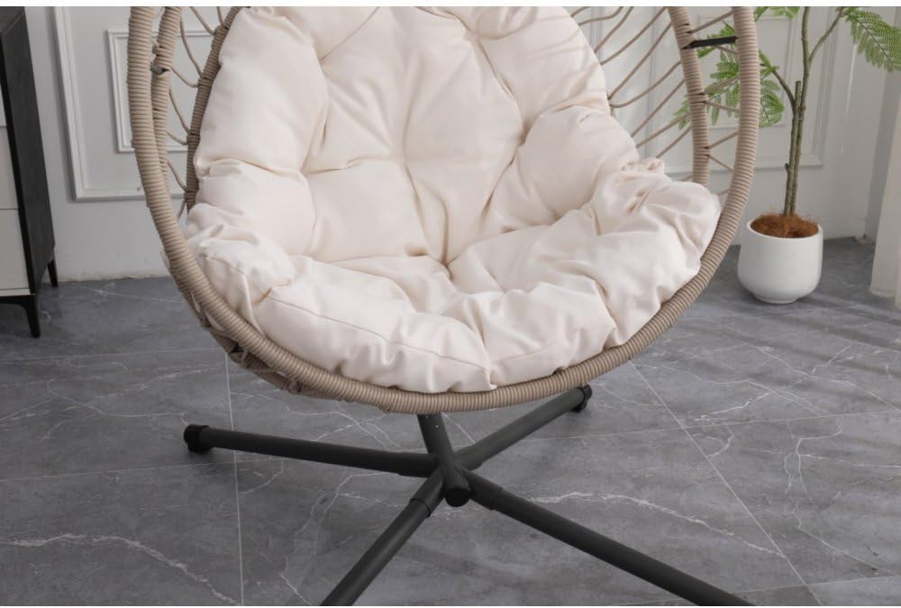 Outdoor Egg-Shaped Hanging Chair with Stand Patio Wicker Swing for Garden Relaxation Indoor Rocking Chair Comfortable Hammock Style (Beige Gray+White + HDPE)