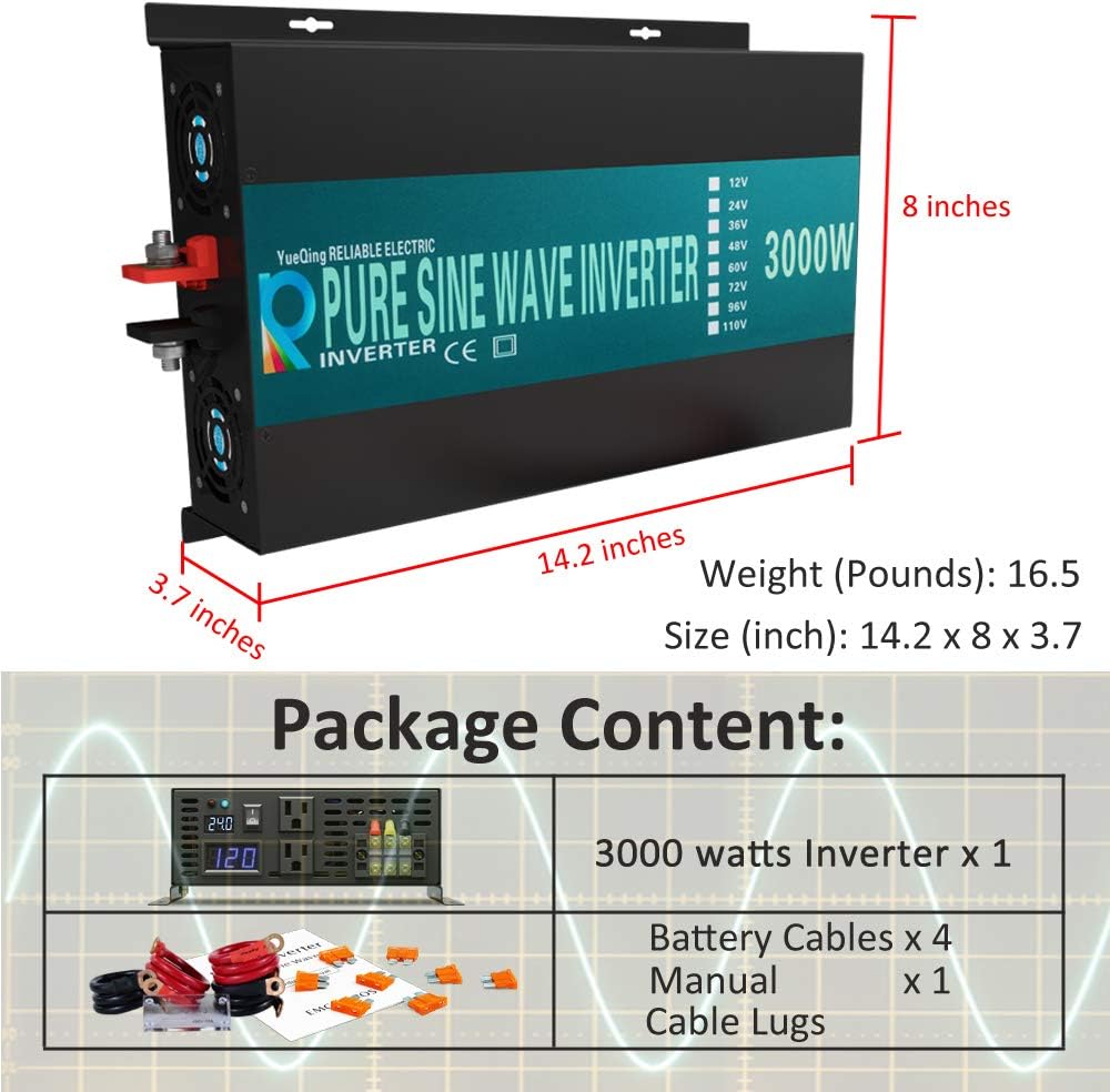 WZRELB 3000W 12V 120V DC to AC Pure Sine Wave Solar Power Inverter with Remote Control Switch