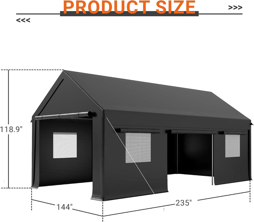 AirWire 12x20 FT Heavy Duty Carport, Portable Car Tent Garage with Roll-Up Windows & Side-Opening Door, Enclosed Car Port Canopy with Reinforced Four-Hole Base for Car, Truck, Boat