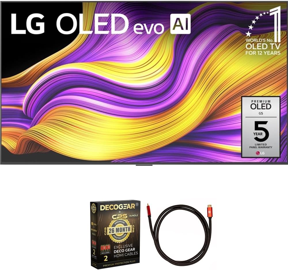 LG OLED65G5WUA 65 Inch G5 Series OLED evo 4K UHD Smart webOS TV with One Wall Design 2025 (Renewed) Bundle with 6FT HDMI 2.0 Cable and CPS Exclusive 26 Month Protection Pack (BEACH-CPS-26M3500)