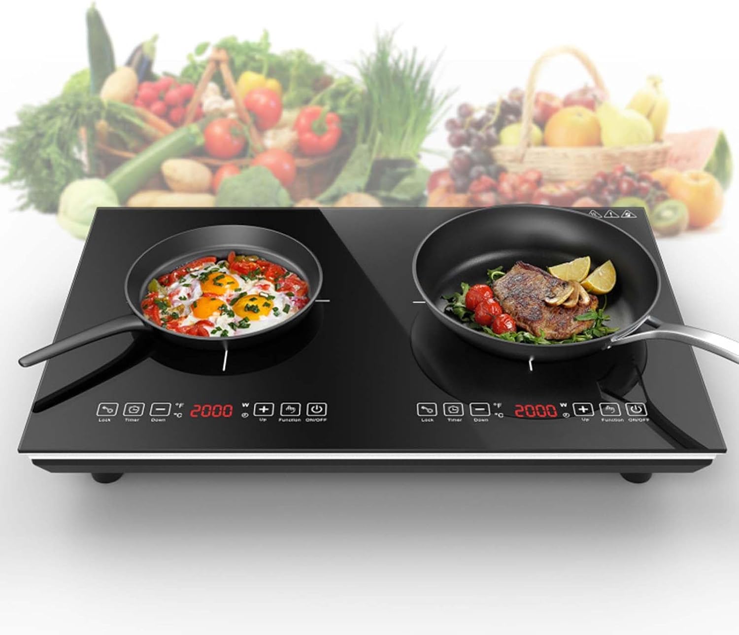 Portable Induction Cooktop with 2 Burners, 400W-2000W Power Settings, Touch Controls, Child Safety Lock and Timer, for Kitchen/Dining