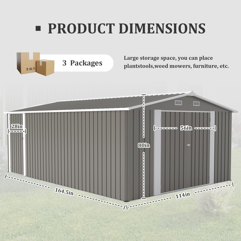 10x14FT Metal Garden Shed - Lockable Outdoor Storage Shed, Heavy-Duty Storage Sheds for Backyard Patio, Sheds & Outdoor Storage (Light Gray)