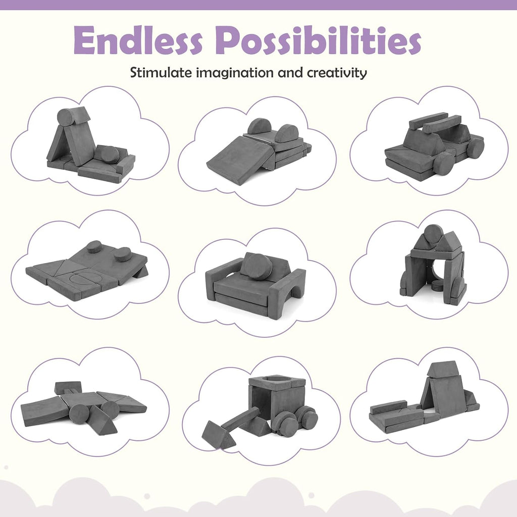 Costzon 14 PCS Modular Kids Play Couch, Child Sectional Sofa, Versatile Toddler Soft Building Blocks Sofa Playset for Playroom Bedroom, Convertible Foam and Floor Cushion for Boys Girls Gifts (Gray)