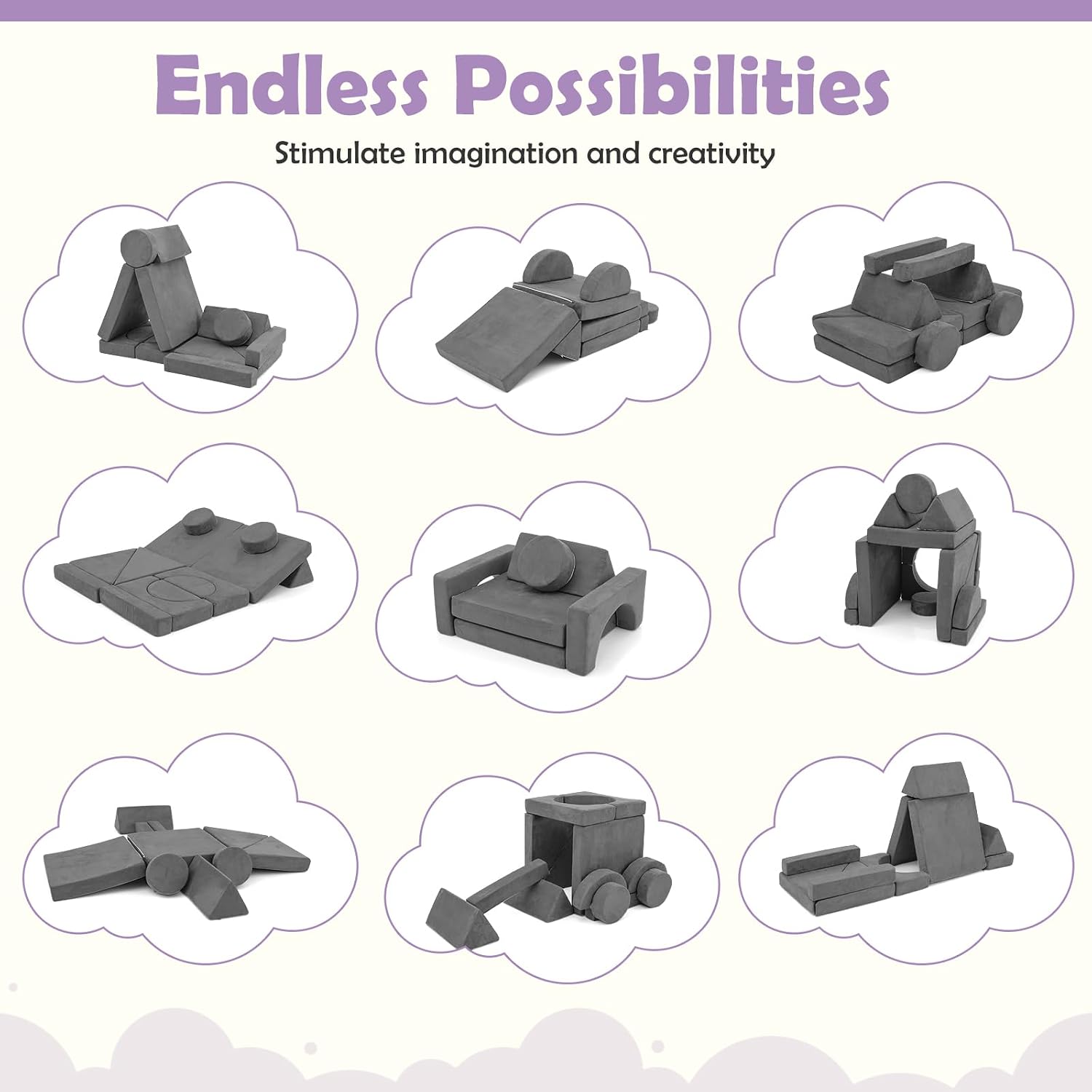 Costzon 14 PCS Modular Kids Play Couch, Child Sectional Sofa, Versatile Toddler Soft Building Blocks Sofa Playset for Playroom Bedroom, Convertible Foam and Floor Cushion for Boys Girls Gifts (Gray)