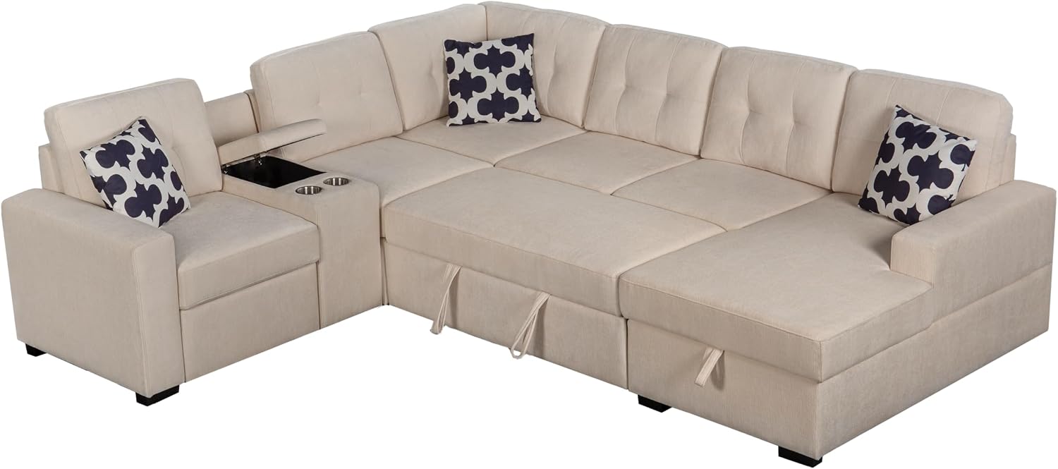Ball & Cast L-Shape Convertible Sectional Sleeper Sofa Bed 2 in 1 Pull Out Couch with Storage Chaise & Cup Holders,6 Seat Chenille Upholstered Reversible Sleeper Corner Couch for Living Room,Beige