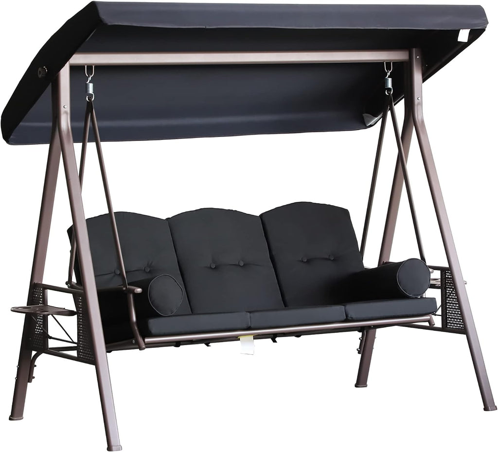 Outsunny 3-Seat Patio Swing Chair, Outdoor Porch Swing Glider with Adjustable Canopy, Removable Cushion, Pillows and Side Trays, for Garden, Poolside, Backyard, Black