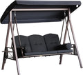 Outsunny 3-Seat Patio Swing Chair, Outdoor Porch Swing Glider with Adjustable Canopy, Removable Cushion, Pillows and Side Trays, for Garden, Poolside, Backyard, Black