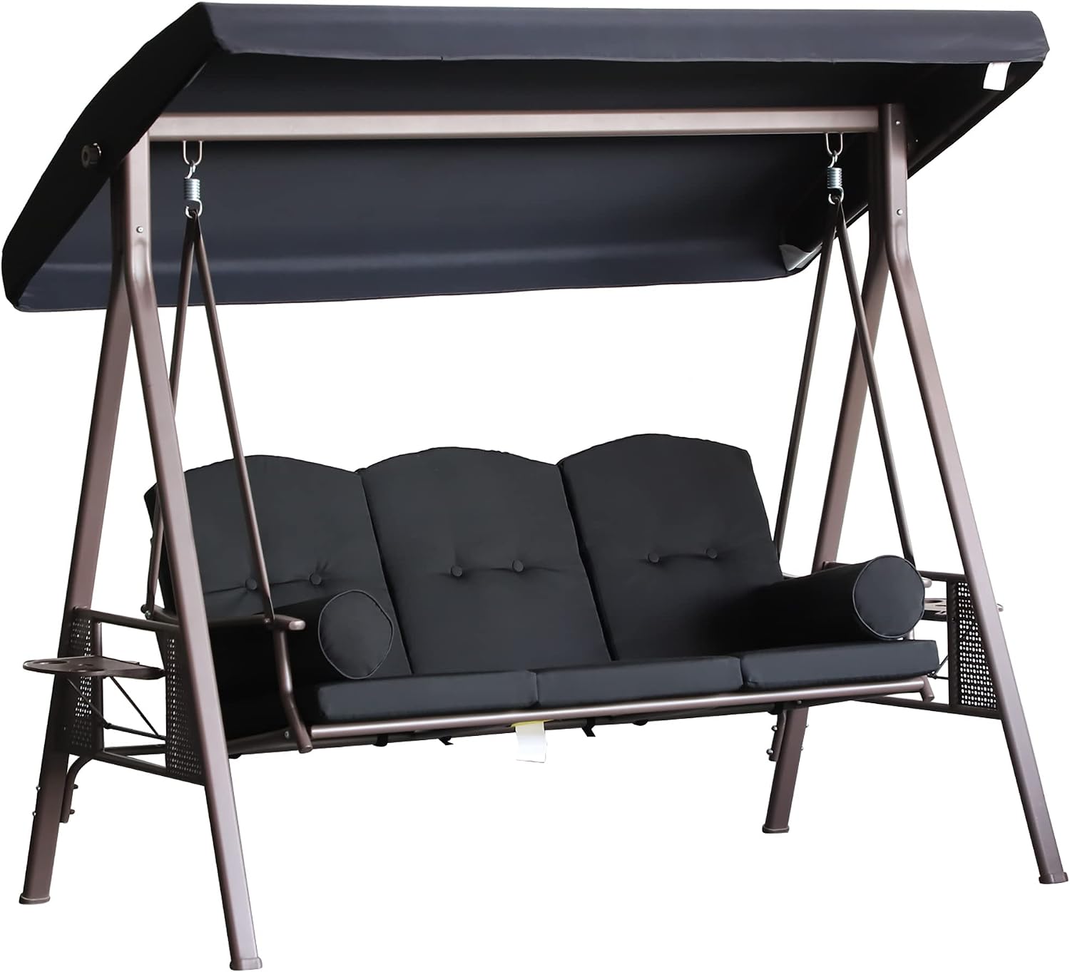 Outsunny 3-Seat Patio Swing Chair, Outdoor Porch Swing Glider with Adjustable Canopy, Removable Cushion, Pillows and Side Trays, for Garden, Poolside, Backyard, Black