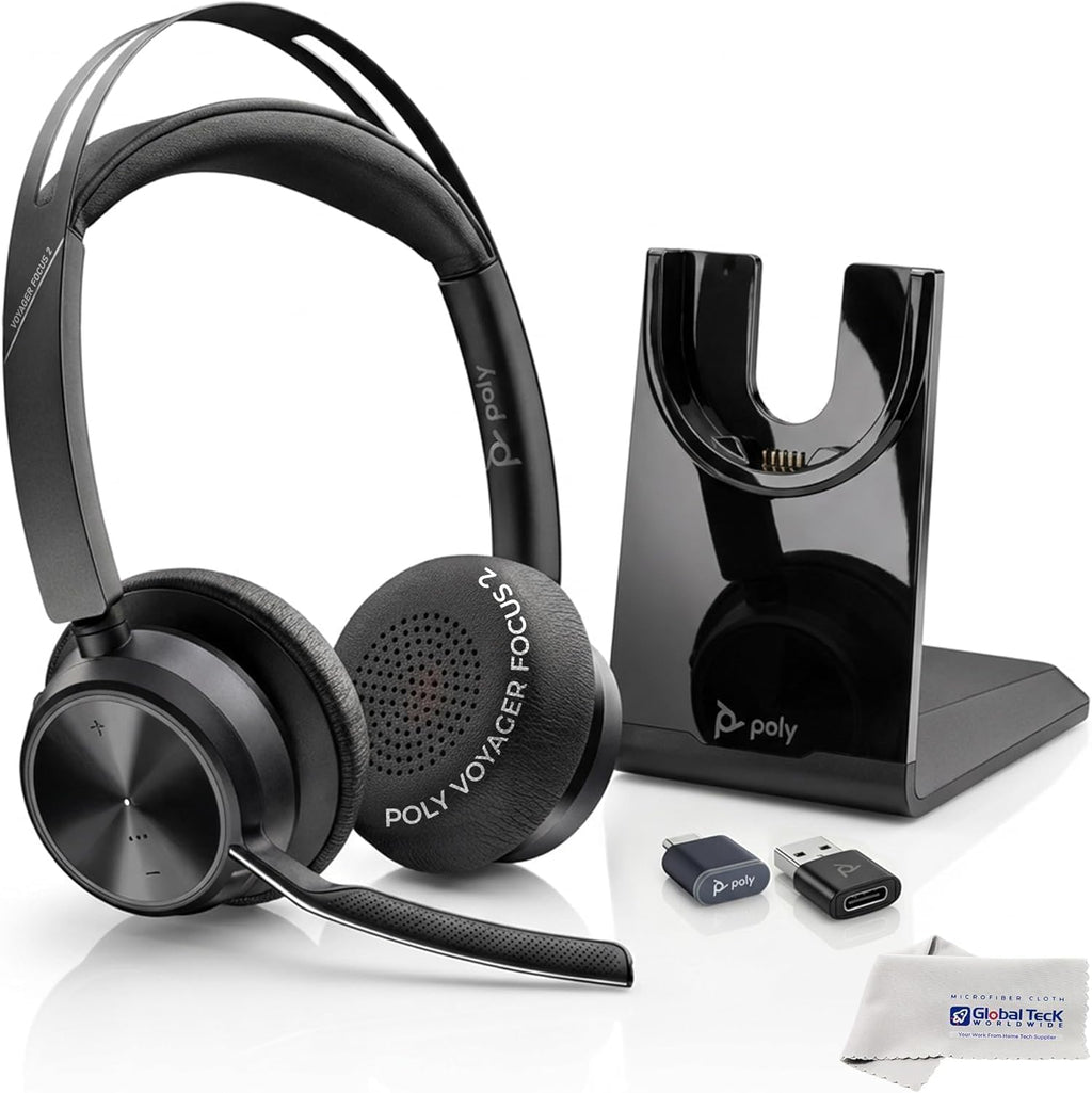 Plantronics Poly Voyager Focus 2 UC Bluetooth Headset with Charging Stand, USB-C/A Adapters, Connects to Teams, Zoom and Phone Calls on Laptops PC/Mac and Cellphones, Enhances Audio, GTW Cloth