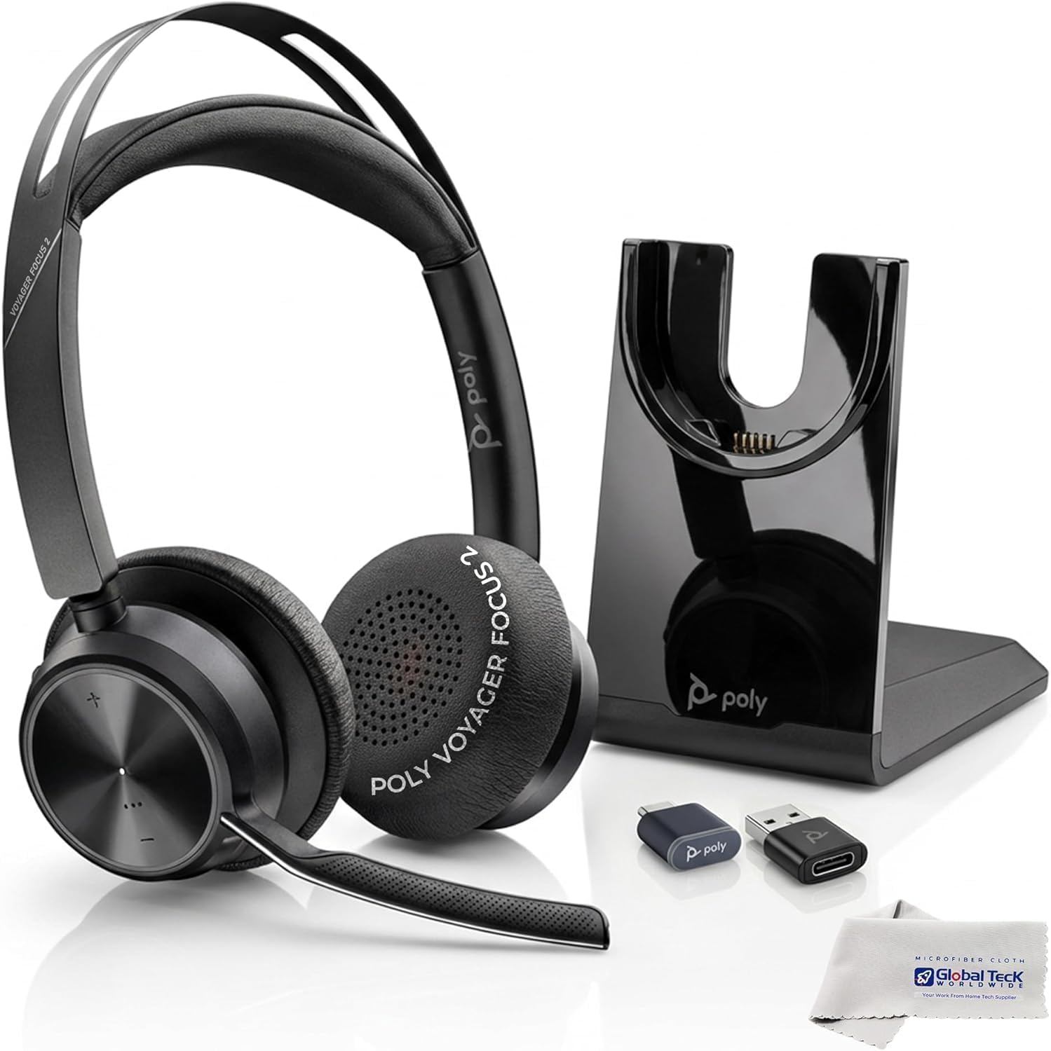 Plantronics Poly Voyager Focus 2 UC Bluetooth Headset with Charging Stand, USB-C/A Adapters, Connects to Teams, Zoom and Phone Calls on Laptops PC/Mac and Cellphones, Enhances Audio, GTW Cloth