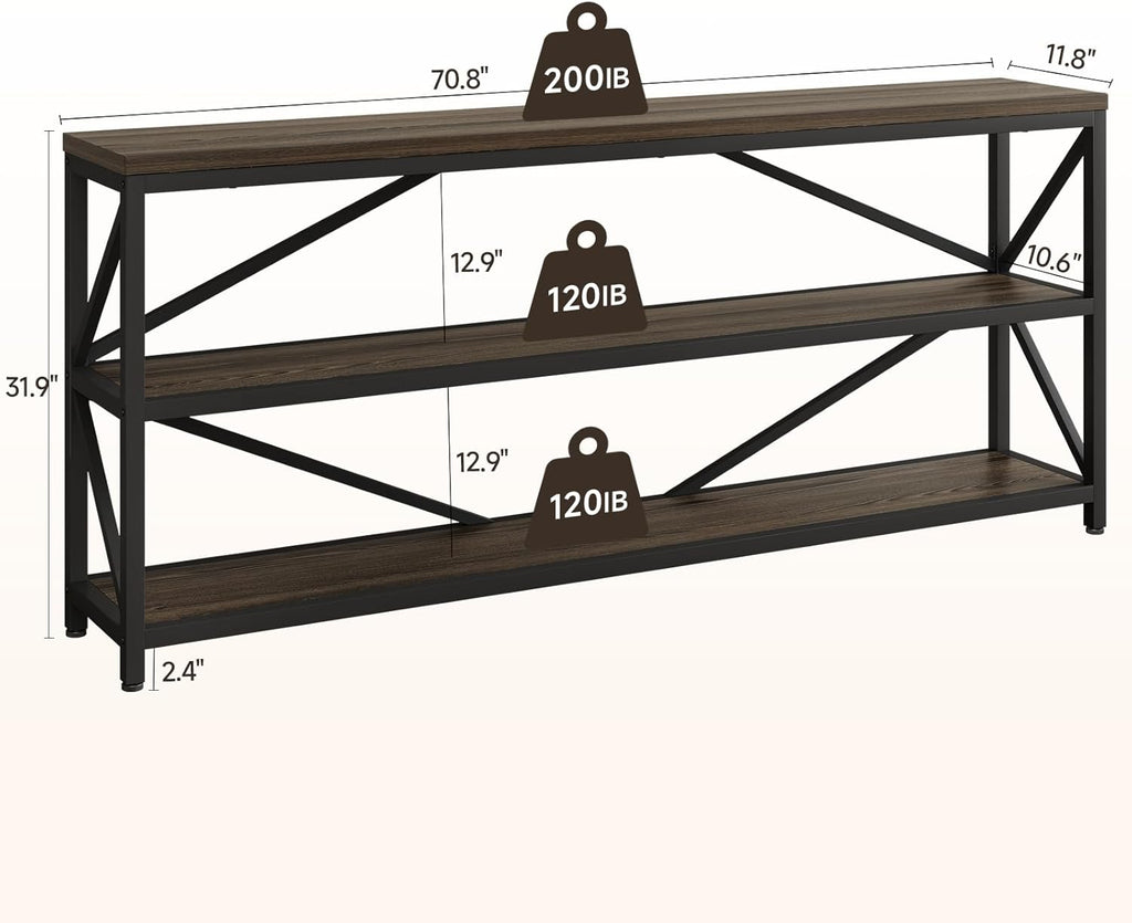 ONBRILL Industrial Console Sofa Table,70.8 Inch Extra Long Entryway Table with 3 Tier Wood Storage Shelf for Living Room, Hallway, Entrance, Narrow Sofa Table with Metal Frame, Black and Brown