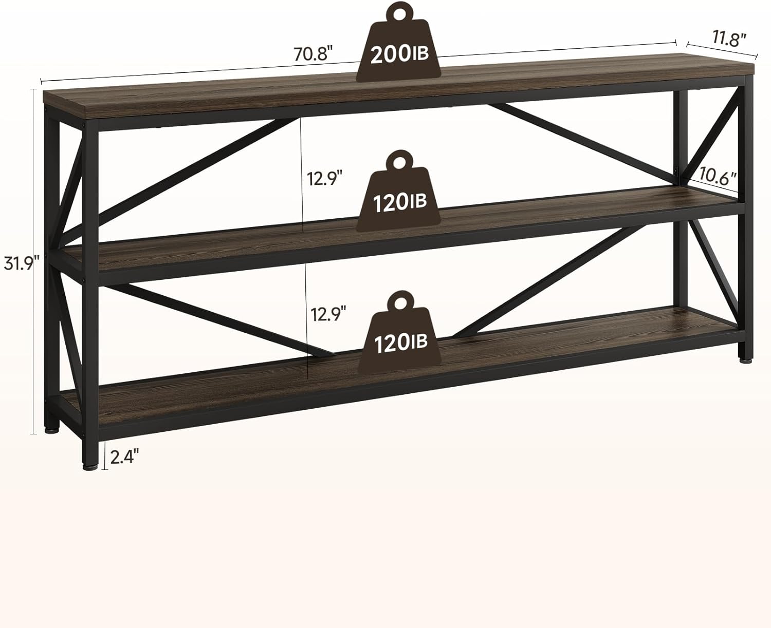 ONBRILL Industrial Console Sofa Table,70.8 Inch Extra Long Entryway Table with 3 Tier Wood Storage Shelf for Living Room, Hallway, Entrance, Narrow Sofa Table with Metal Frame, Black and Brown
