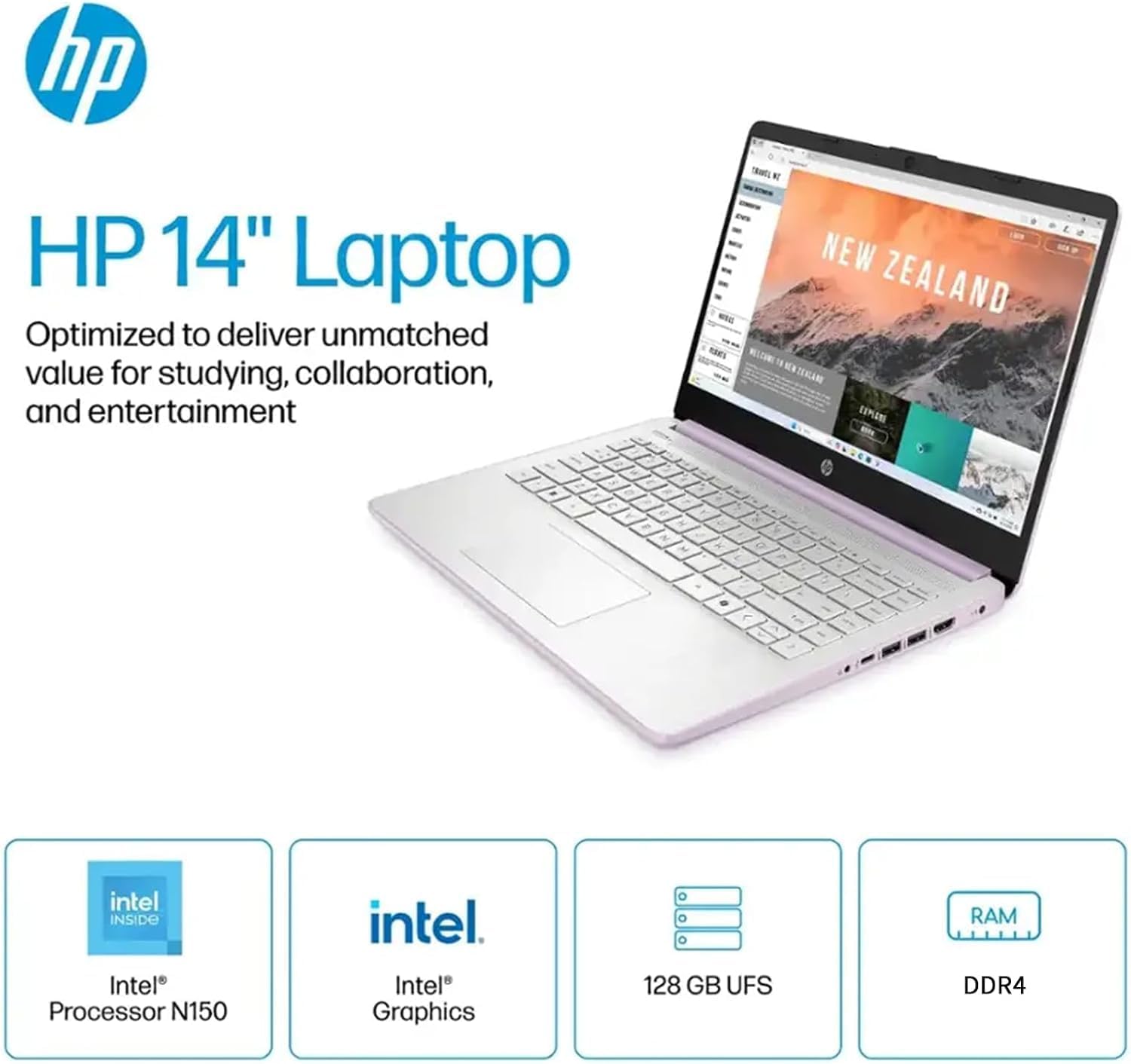 HP 14' HD Student Business Laptop, Intel Quad-Core N150, 8GB RAM, 128GB UFS, 1 Year Office 365, Slim Design, Webcam, HDMI, Bluetooth, WiFi, Win 11 S, Honey Lavender