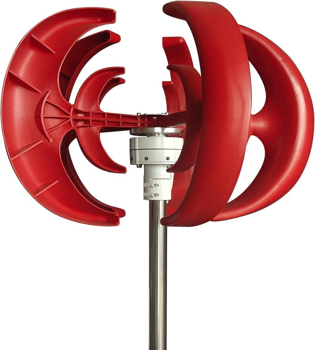 12V 24V 48V White 5 Blades Vertical Wind Turbine Generator+3000W Permanent Magnet Lantern Vertical Wind Turbine Kit with Controller for Home(Red)