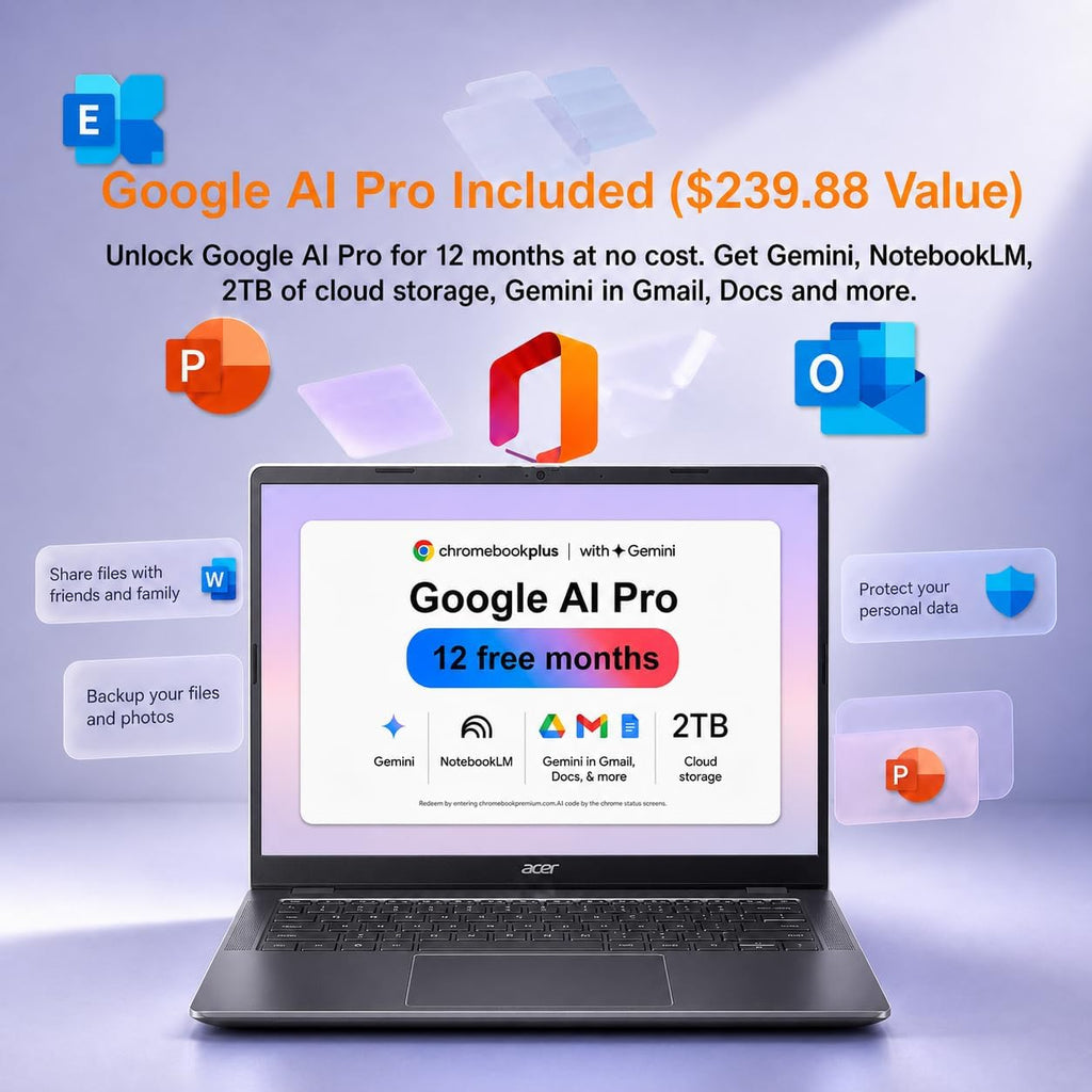 Acer Chromebook Plus 514 Laptop (14' FHD+ Touchscreen, Intel 8-Core i3-N355, 8GB RAM, 512GB SSD) Education, K12, Students & Business, 1080p Webcam, Backlit, Lightweight, Long Battery Life, Chrome OS