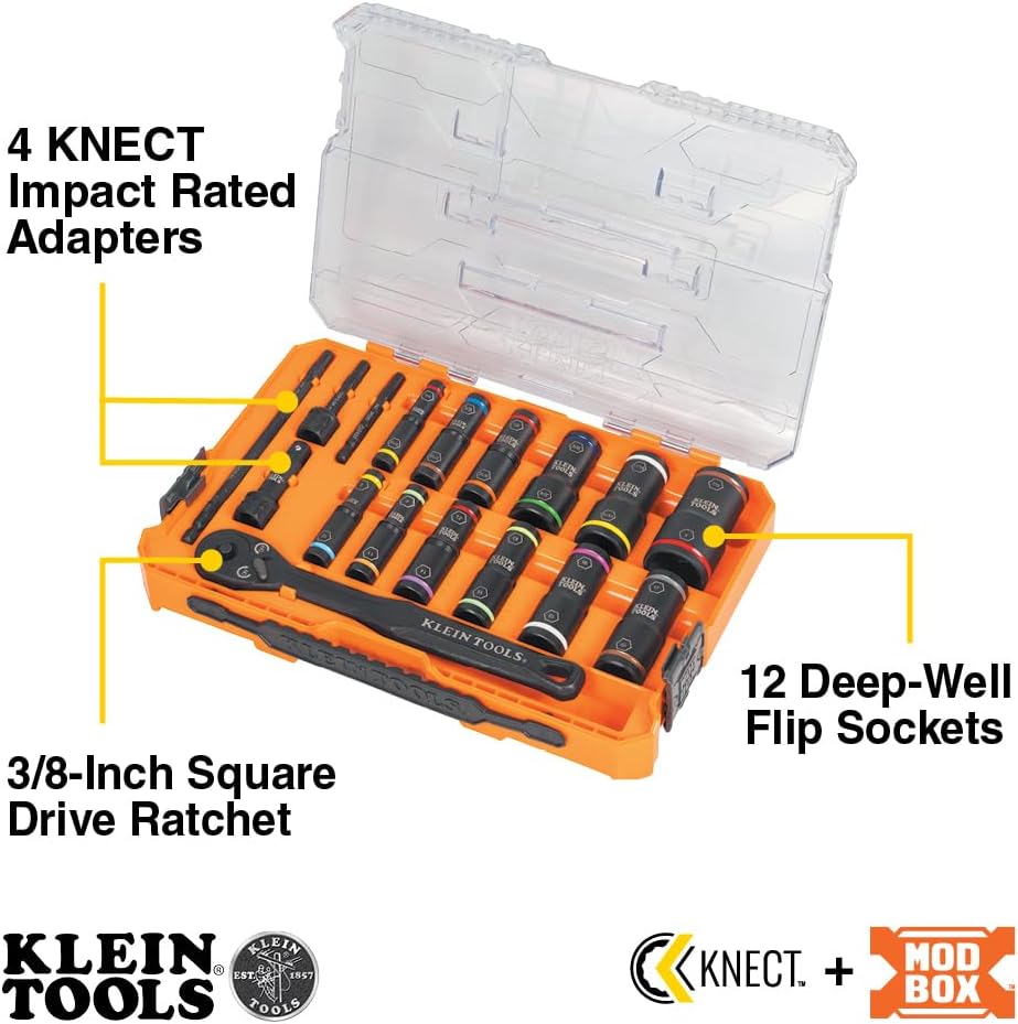 Klein Tools 65626 KNECT Deep Well Impact Socket Set, 3/8-Inch Drive Ratchet, 24 SAE and Metric Flip Socket Sizes, MODbox Case