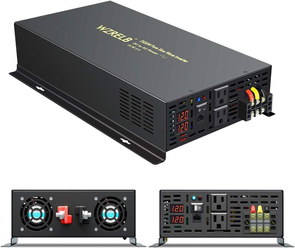WZRELB 3500W 12VDC 120VAC Pure Sine Wave Power Inverter, 2 AC Outlets, Wired Remote Control, RV (RBP-350012WR)
