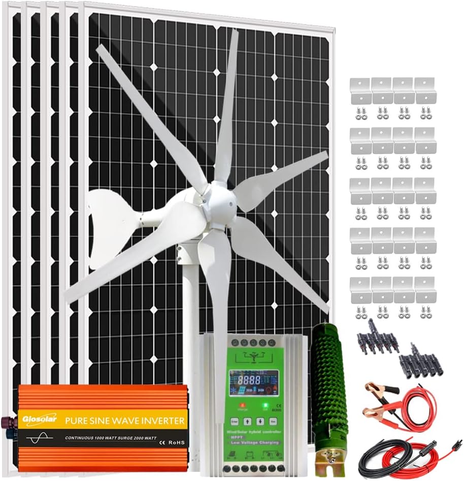 1000W Solar Wind Hybrid Kit 12V Battery Charger with 3000W Inverter: 5pcs 120W Monocrystalline Solar Panel,400W Wind Turbine Generator,Hybrid MPPT Charge Controller & Brackets