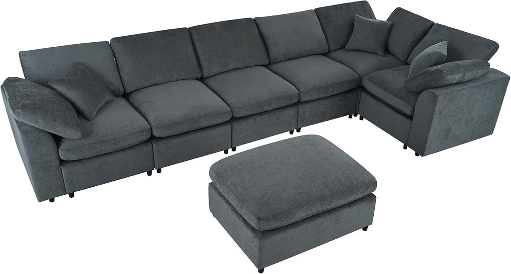 124.8' W Modular Sectional Sofa L Shaped Modern Couch with Ottoman, Deep Seat and Wide Chaise for Living Room, Gray