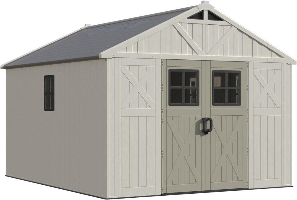 GUNJI 10x12 FT Resin Outdoor Storage Shed with 4 Metal Shed Kit-Perfect to Store Patio Furniture, Garden Tools Bike Accessories, Beach Chairs and Lawn Mower, Begie