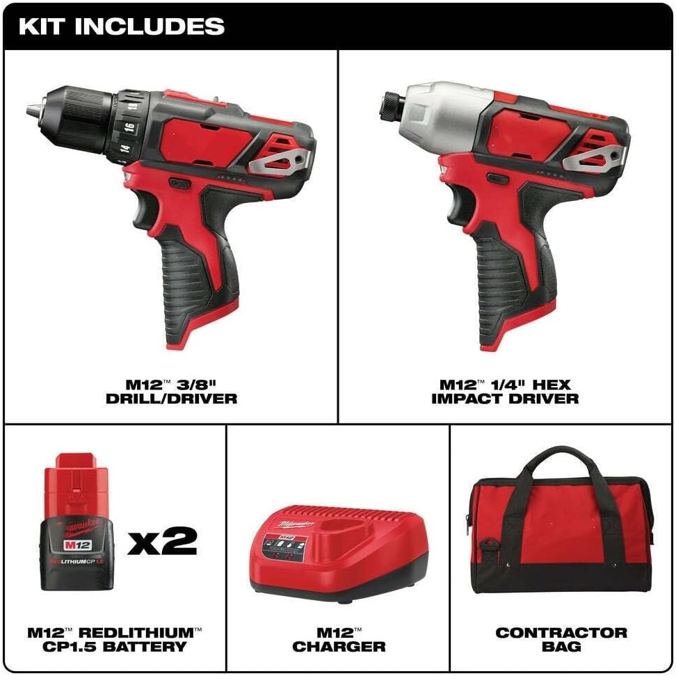with Milwaukee 2494-22 M12 12V Cordless Power Lithium-Ion 2-Tool Combo Kit