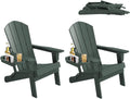 FOOWIN Folding Adirondack Chair Set of 2, HDPE Adirondack Chairs with Cup Holder, Weather Resistant Plastic Fire Pit Chairs for Outdoor, Patio, Lawn, Garden, Backyard, Deck, Green