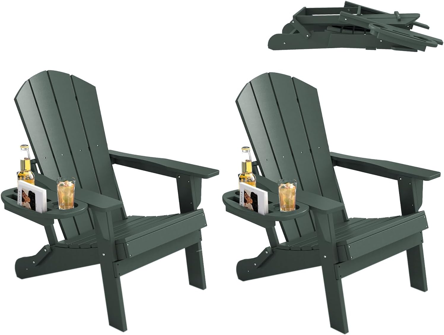 FOOWIN Folding Adirondack Chair Set of 2, HDPE Adirondack Chairs with Cup Holder, Weather Resistant Plastic Fire Pit Chairs for Outdoor, Patio, Lawn, Garden, Backyard, Deck, Green